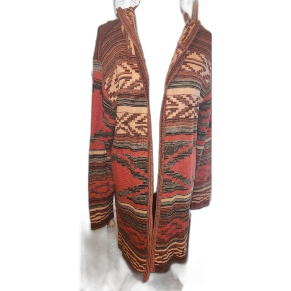Aztec style hooded long cardigan sweater pink fits like women's size Large